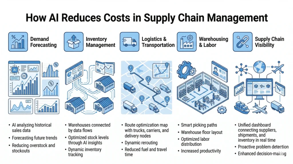 Infographic showing how AI reduces costs in supply chain management through forecasting, inventory, logistics, warehousing, and visibility.